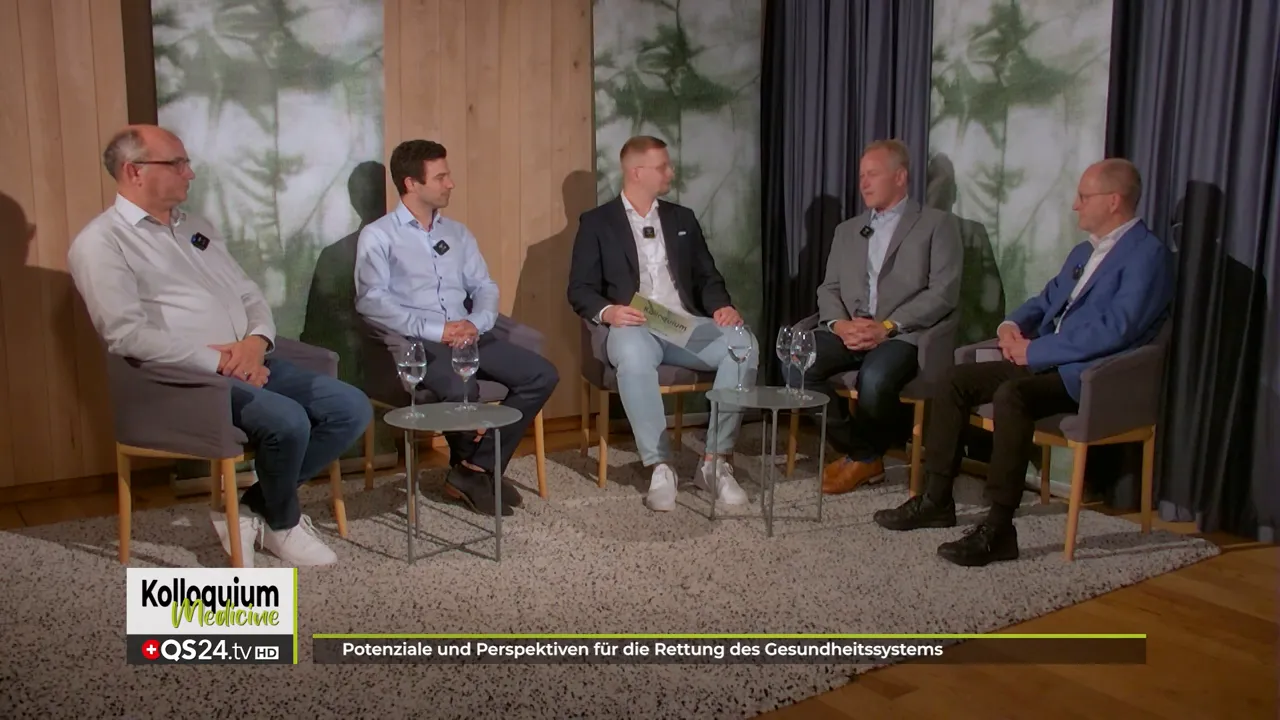 Expertenrunde zur Rettung des Gesundheitssystems mit Dr. Simon Feldhaus, Dr. Manuel Burzler, Prof. Dr. Alexander Rondeck und Dr. Henning Sartor 1 Moderator Fabian Glogg eröffnet die Runde mit vier Experten