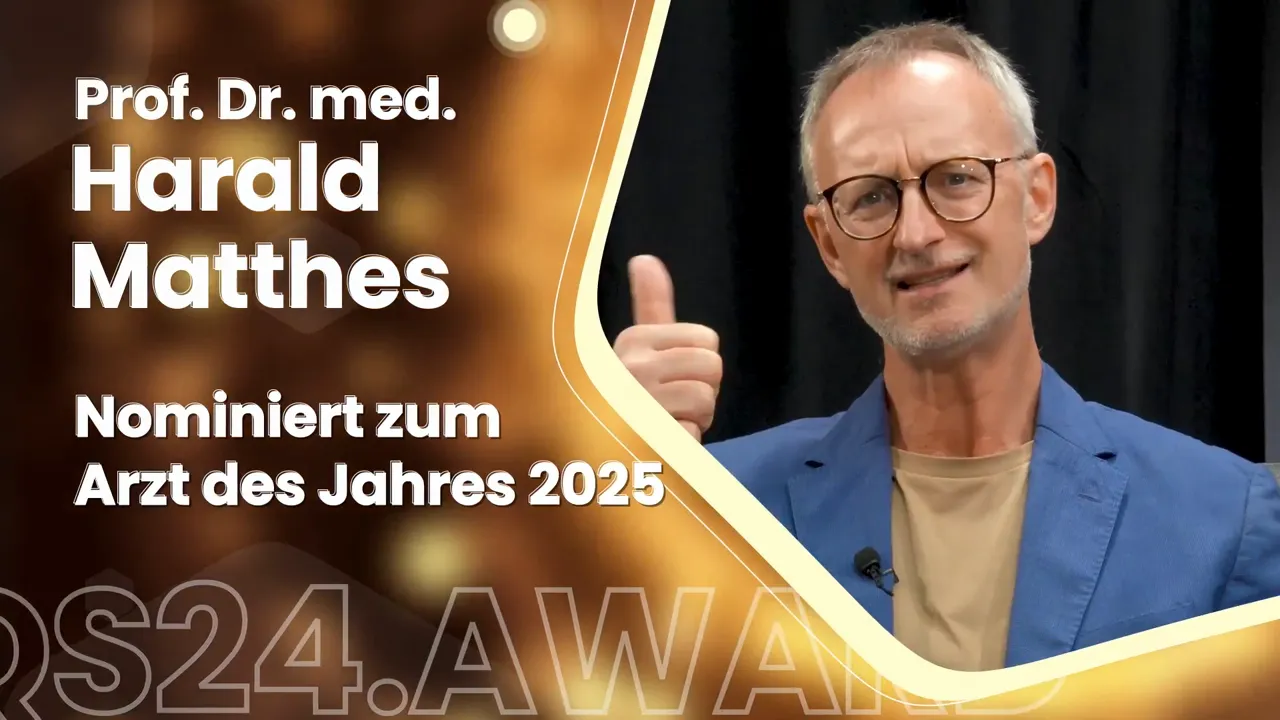 Prof. Dr. Harald Mattes zeigt Daumen hoch neben Text 'Nominiert zum Arzt des Jahres 2025'